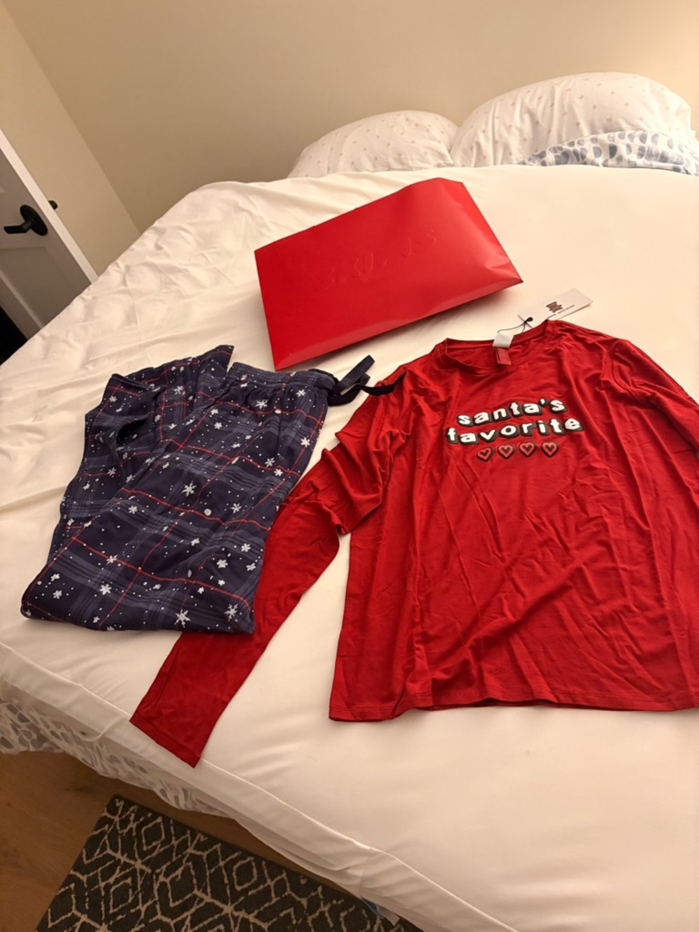 Red 'Santa's Favorite' Holiday Long Sleeve Top + Navy Star Plaid Pants